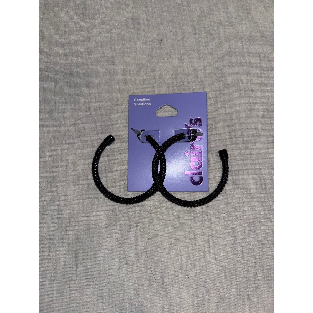 Jet Black Pavé Crystal 50MM Hoop Earrings Sensitive Solutions Claire's - Picture 2 of 4